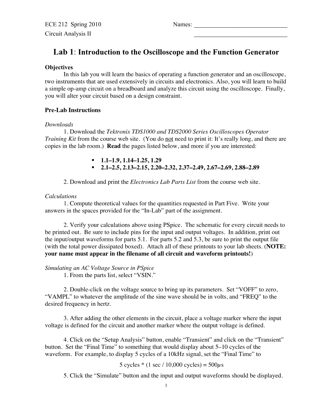 Lab 1: Introduction to the Oscilloscope and the Function Generator