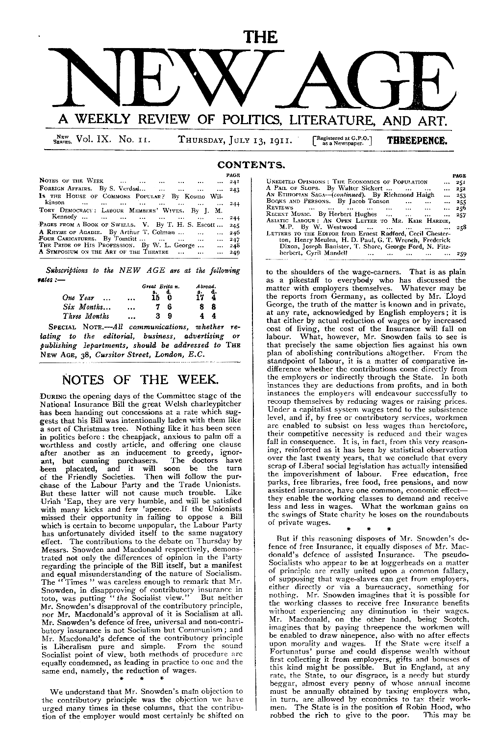 New Age, Vol. 9 No. 11, July 13, 1911