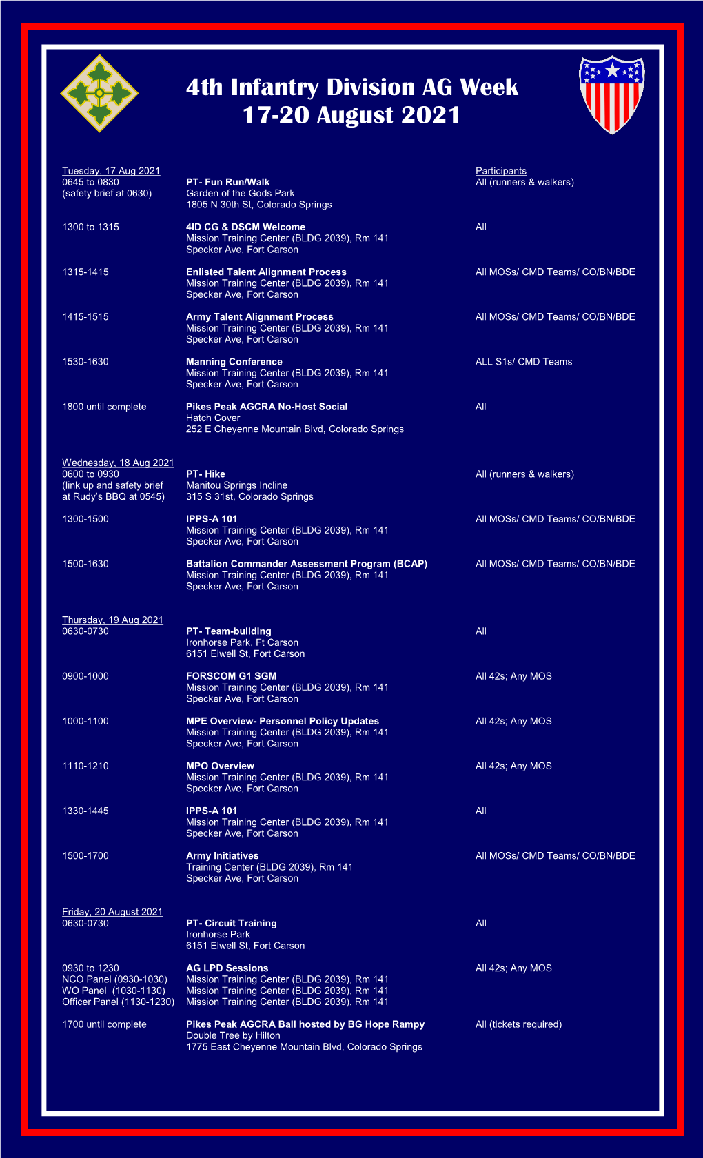 4Th Infantry Division AG Week 17-20 August 2021