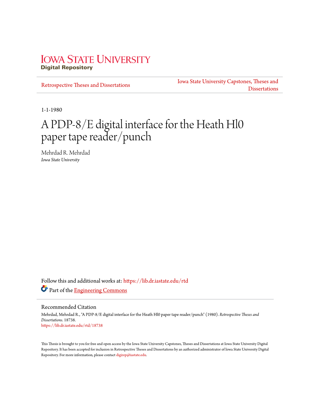 A PDP-8/E Digital Interface for the Heath Hl0 Paper Tape Reader/Punch Mehrdad R