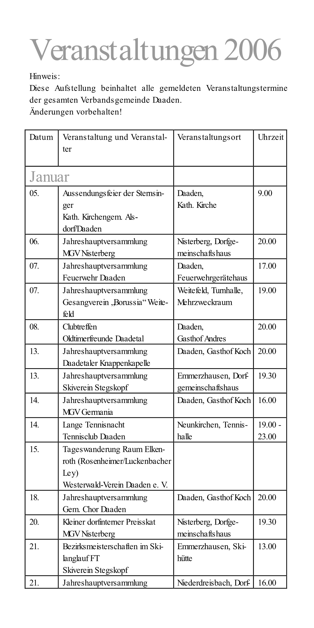 Veranstaltungen 2006 Hinweis: Diese Aufstellung Beinhaltet Alle Gemeldeten Veranstaltungstermine Der Gesamten Verbandsgemeinde Daaden