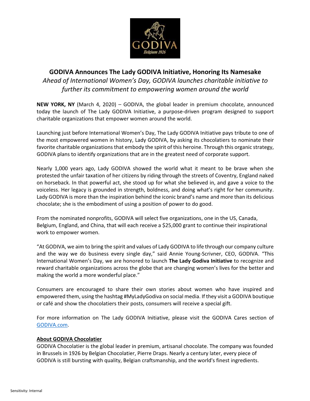 GODIVA Announces the Lady GODIVA Initiative, Honoring Its