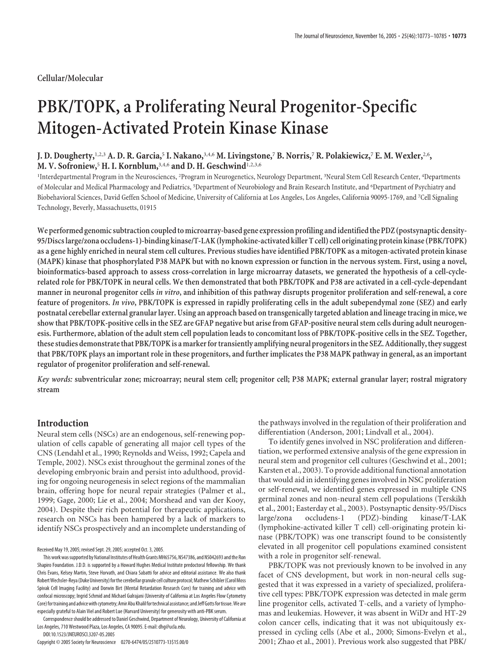 PBK/TOPK, a Proliferating Neural Progenitor-Specific Mitogen-Activated Protein Kinase Kinase