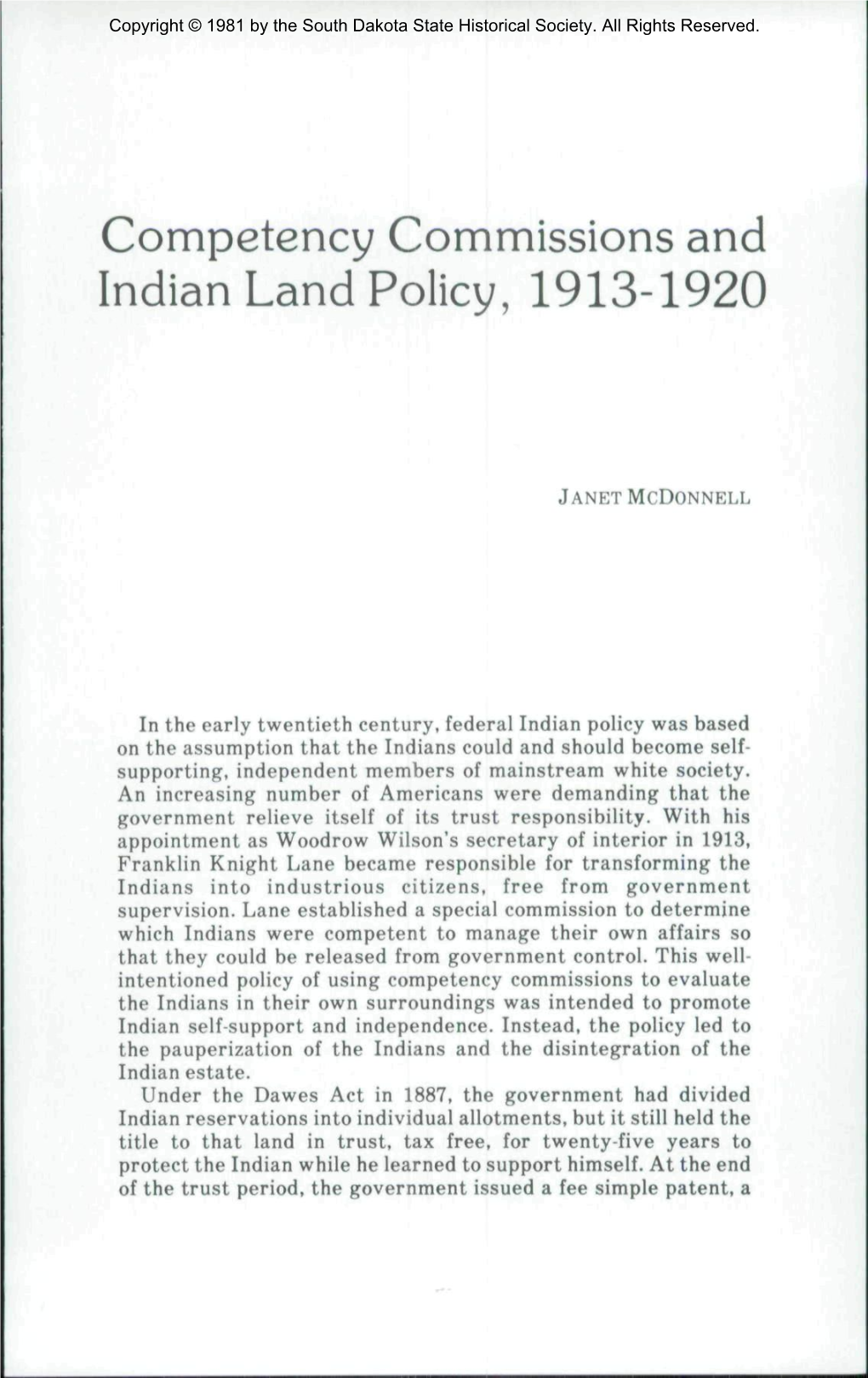 Competency Commissions and Indian Land Policy, 1913-1920