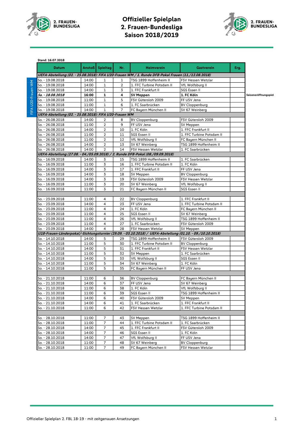 Offizieller Spielplan 2. Frauen-Bundesliga Saison 2018/2019