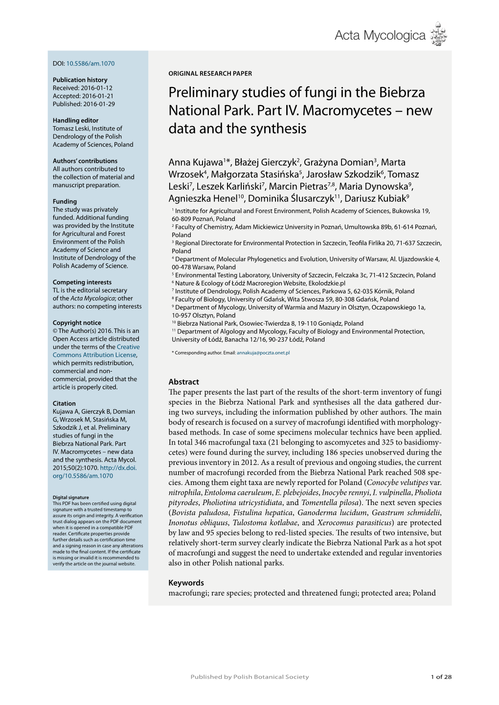 Preliminary Studies of Fungi in the Biebrza National Park. Part IV. Macromycetes