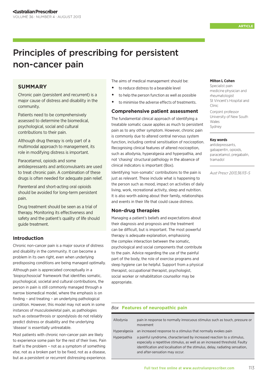 Principles of Prescribing for Persistent Non-Cancer Pain