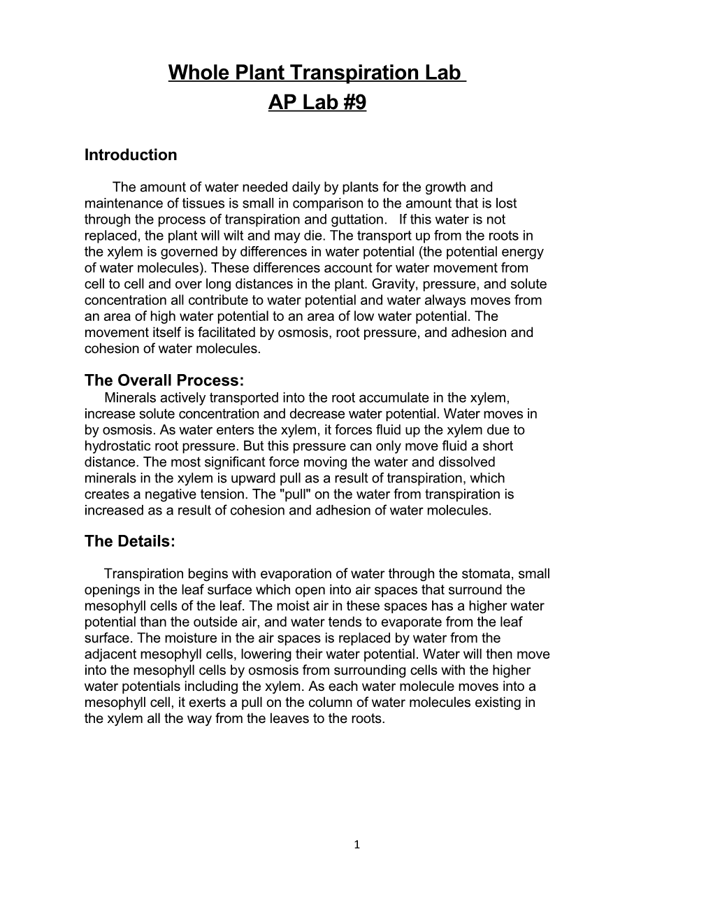 Whole Plant Transpiration Lab