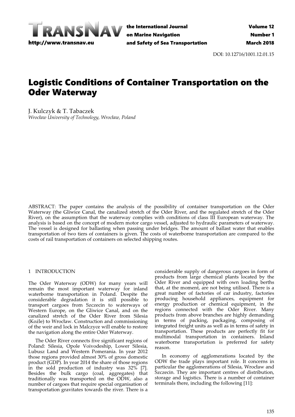 Logistic Conditions of Container Transportation on the Oder Waterway