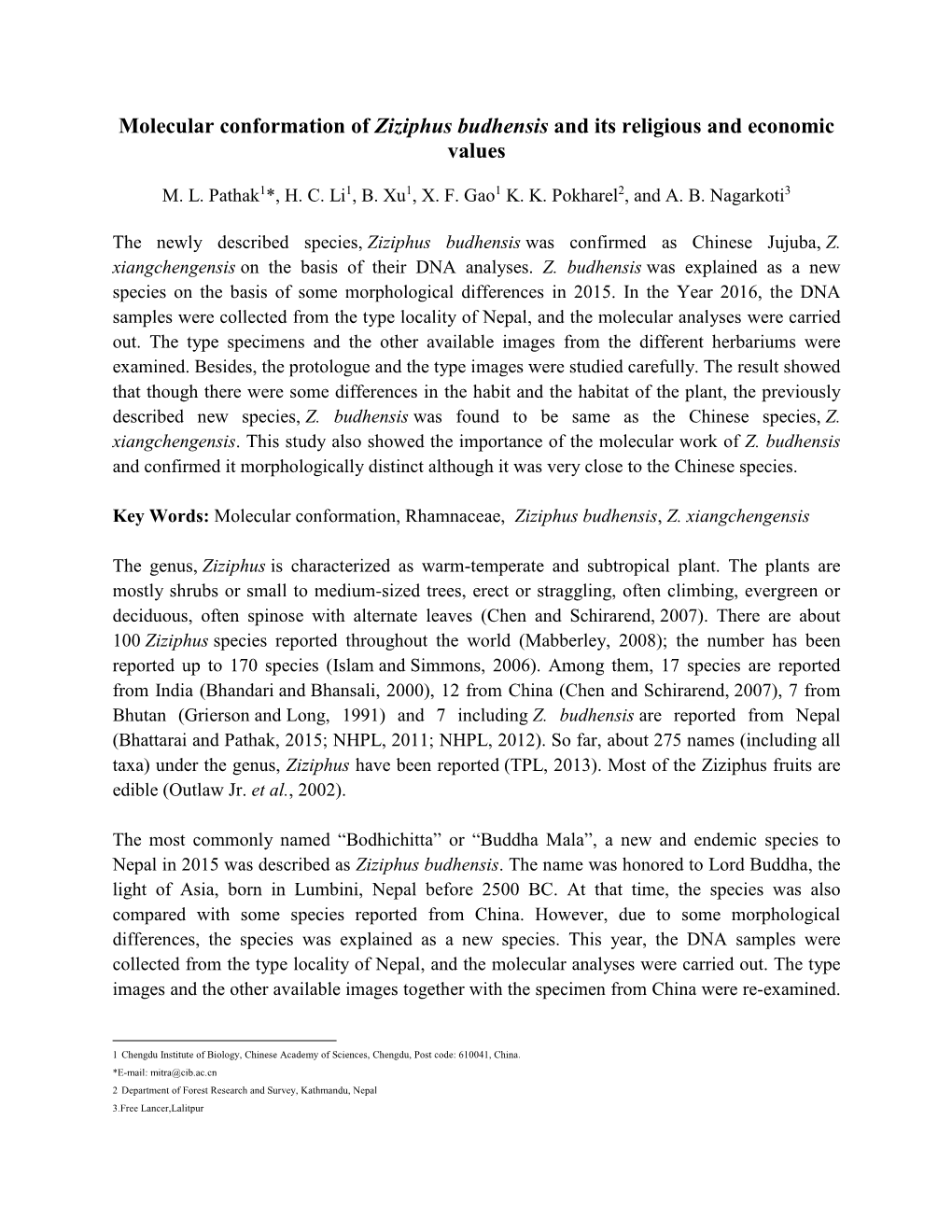 Molecular Conformation of Ziziphus Budhensis and Its Religious and Economic Values