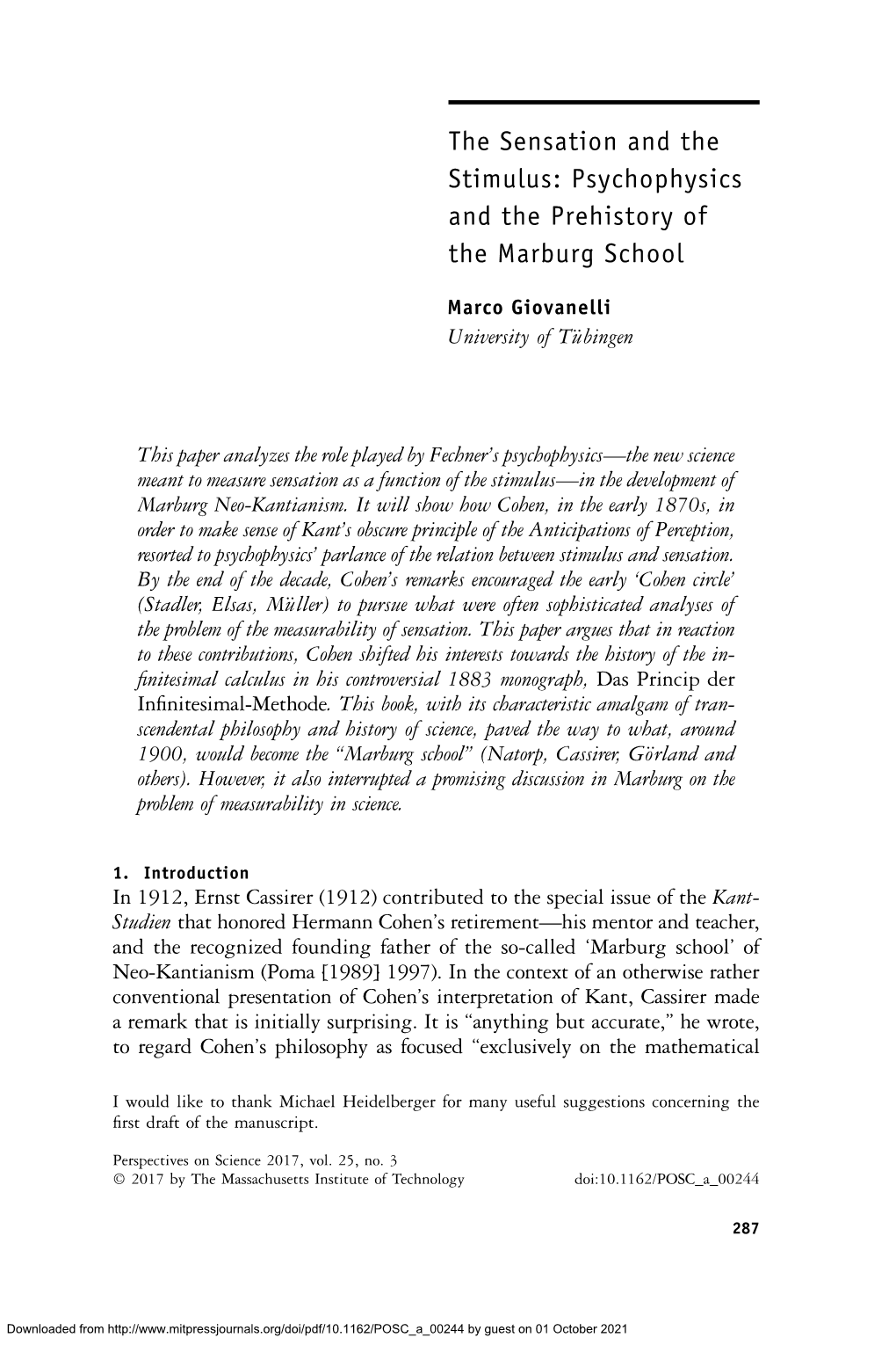 The Sensation and the Stimulus: Psychophysics and the Prehistory of the Marburg School