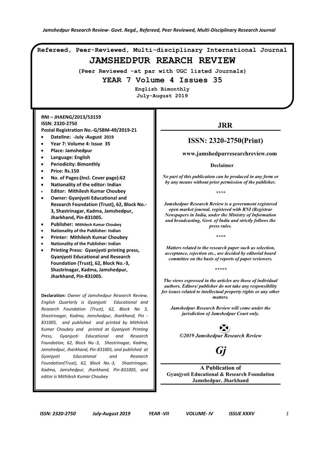 JAMSHEDPUR REARCH REVIEW (Peer Reviewed -At Par with UGC Listed Journals) YEAR 7 Volume 4 Issues 35 English Bimonthly July-August 2019