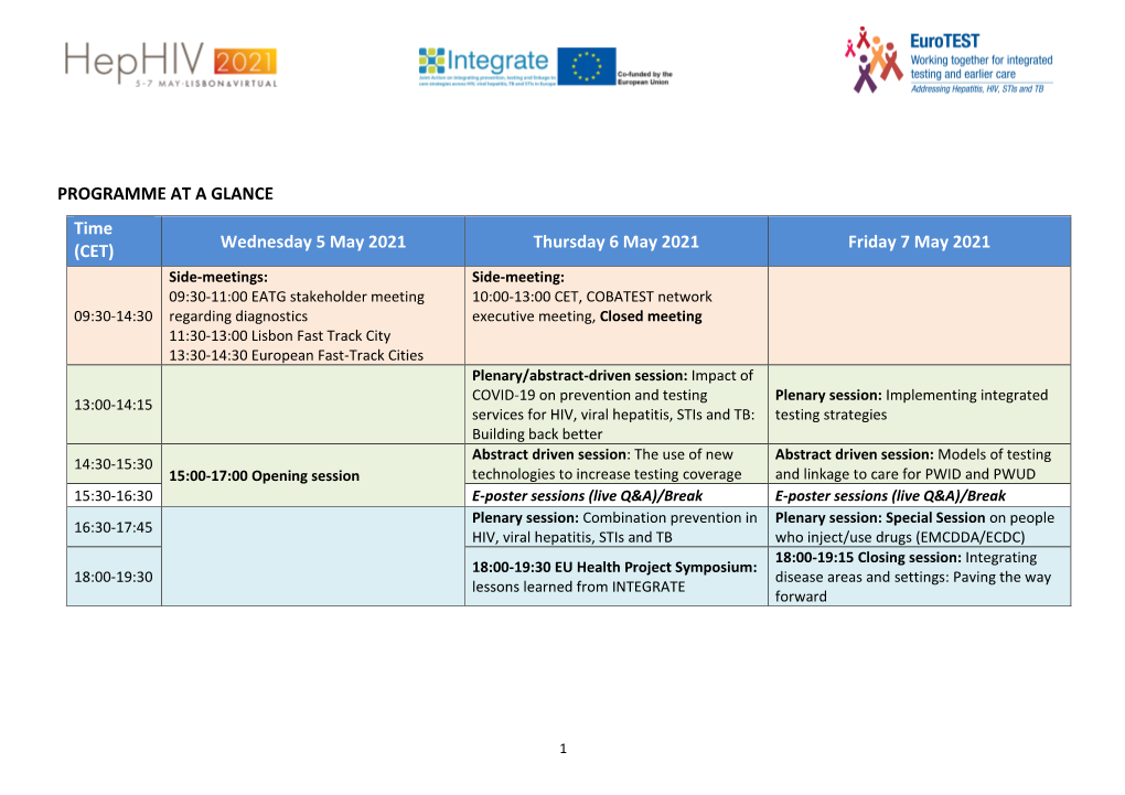 PROGRAMME at a GLANCE Time (CET) Wednesday 5 May 2021