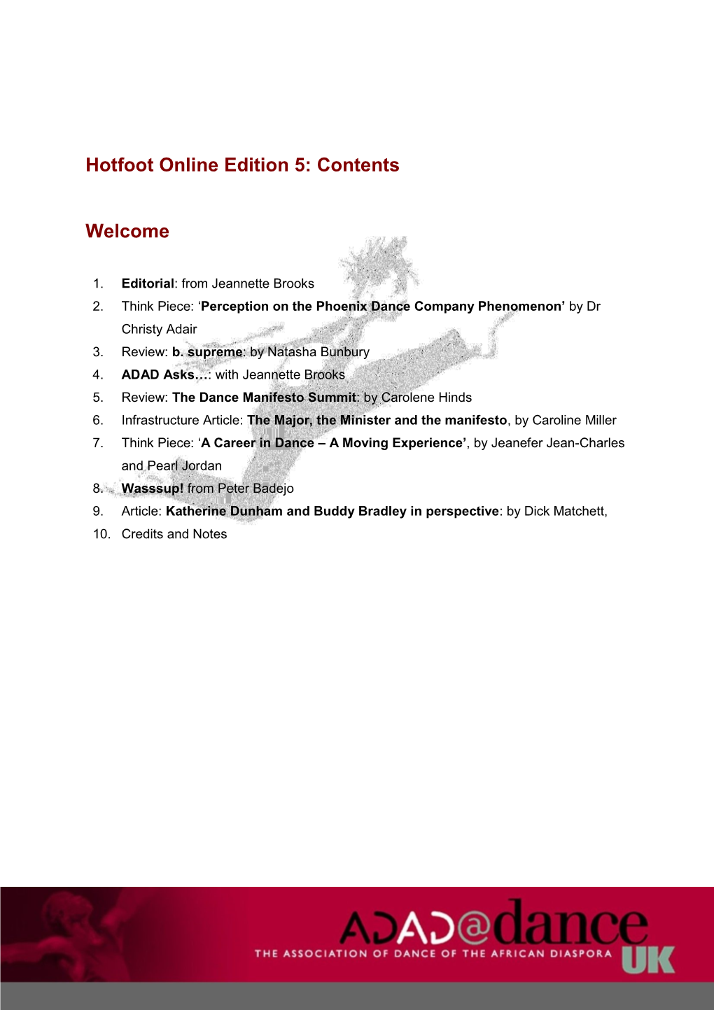 Hotfoot Online Edition 5: Contents Welcome