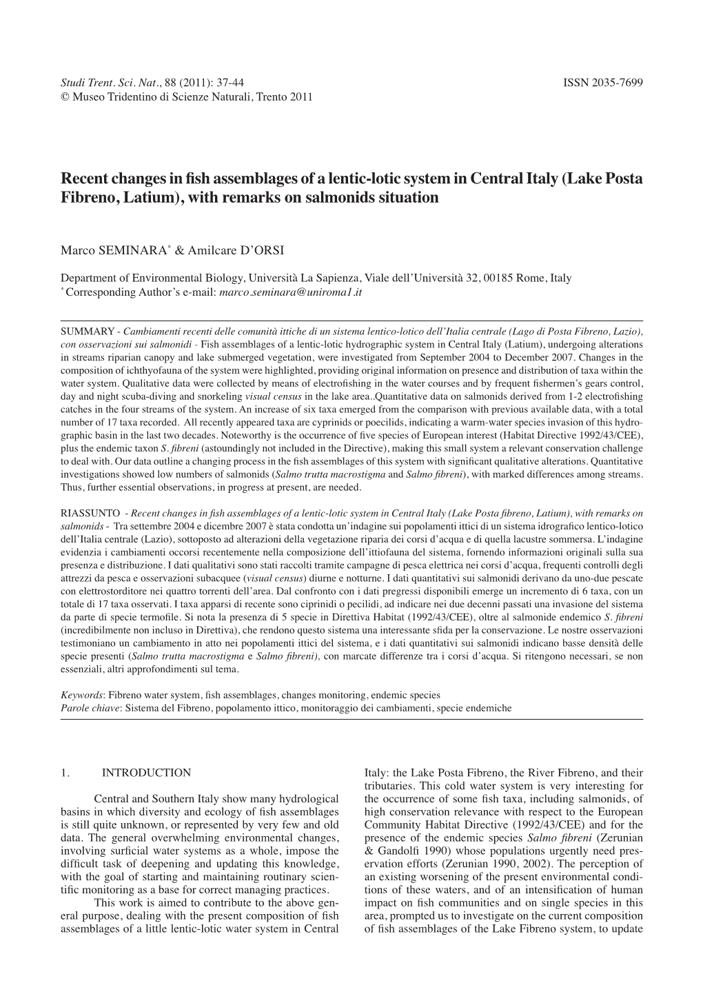 Recent Changes in Fish Assemblages of a Lentic-Lotic System in Central Italy (Lake Posta Fibreno, Latium), with Remarks on Salmonids Situation