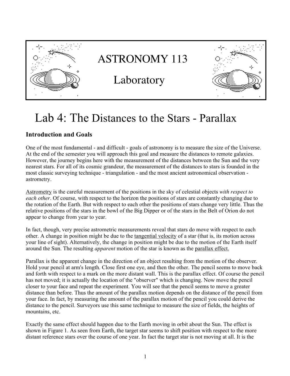 ASTRONOMY 113 Laboratory Lab 4: the Distances to the Stars