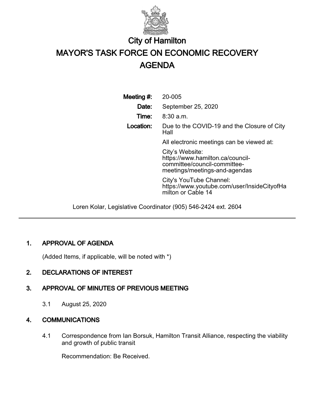 Mayor's Task Force on Economic Recovery Agenda Package