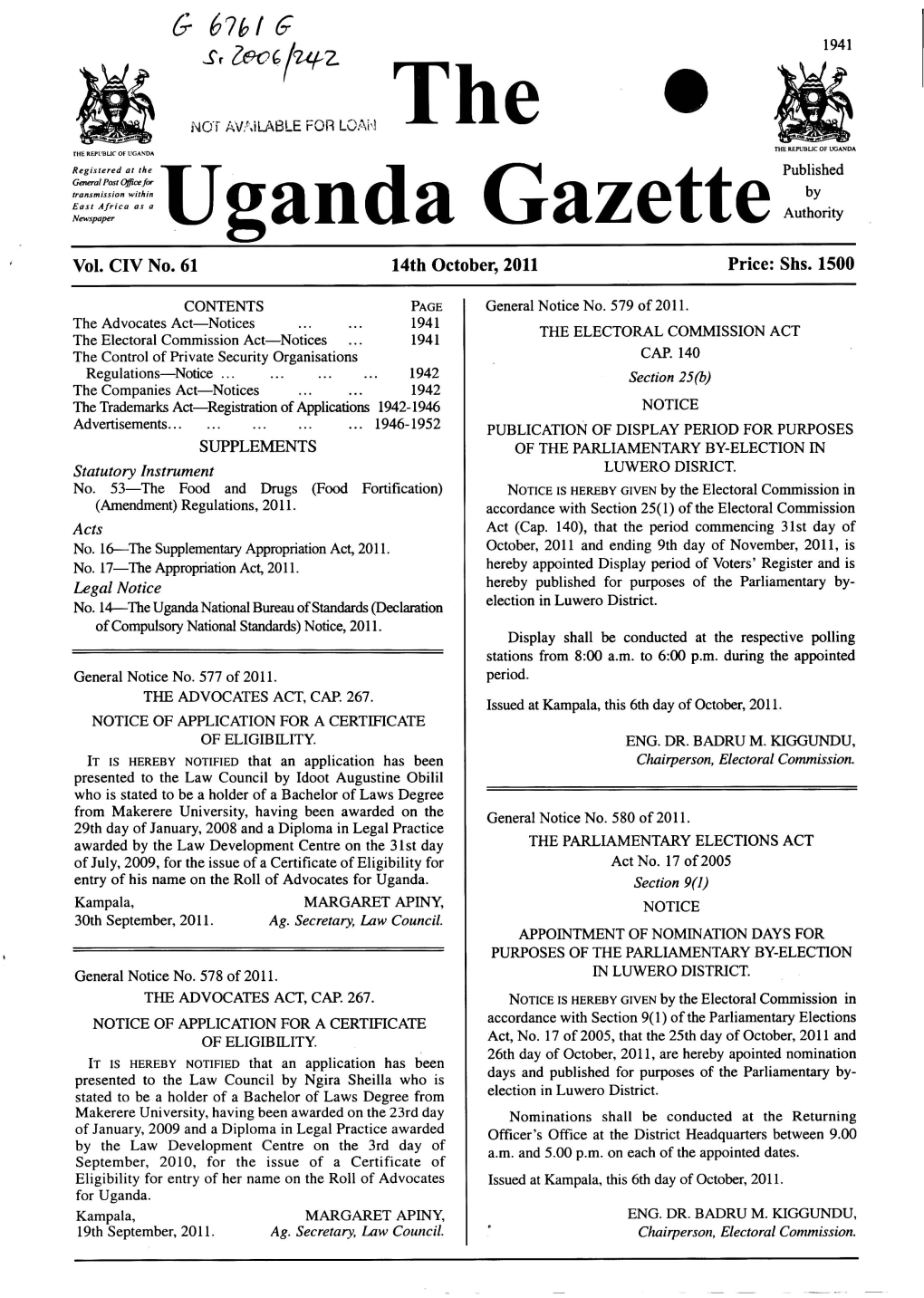 ~Uganda Gazette—Published