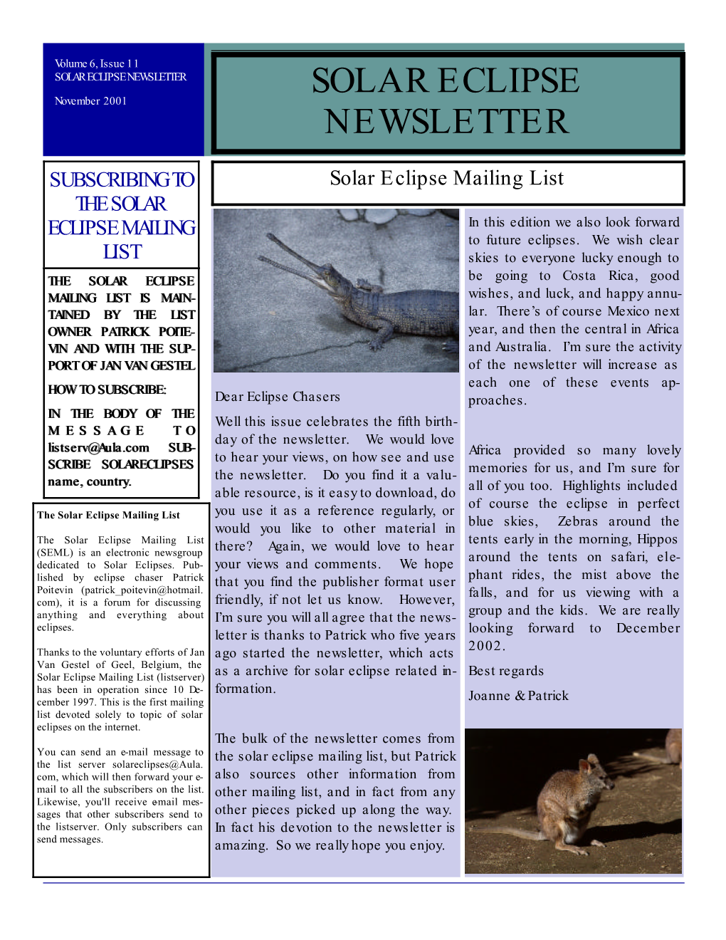 SOLAR ECLIPSE NEWSLETTER SOLAR ECLIPSE November 2001 NEWSLETTER