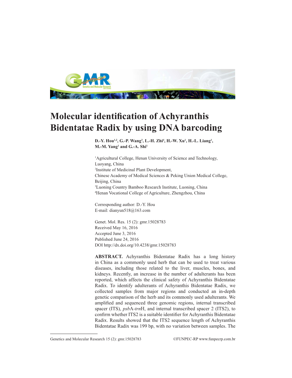 Molecular Identification of Achyranthis Bidentatae Radix by Using DNA Barcoding