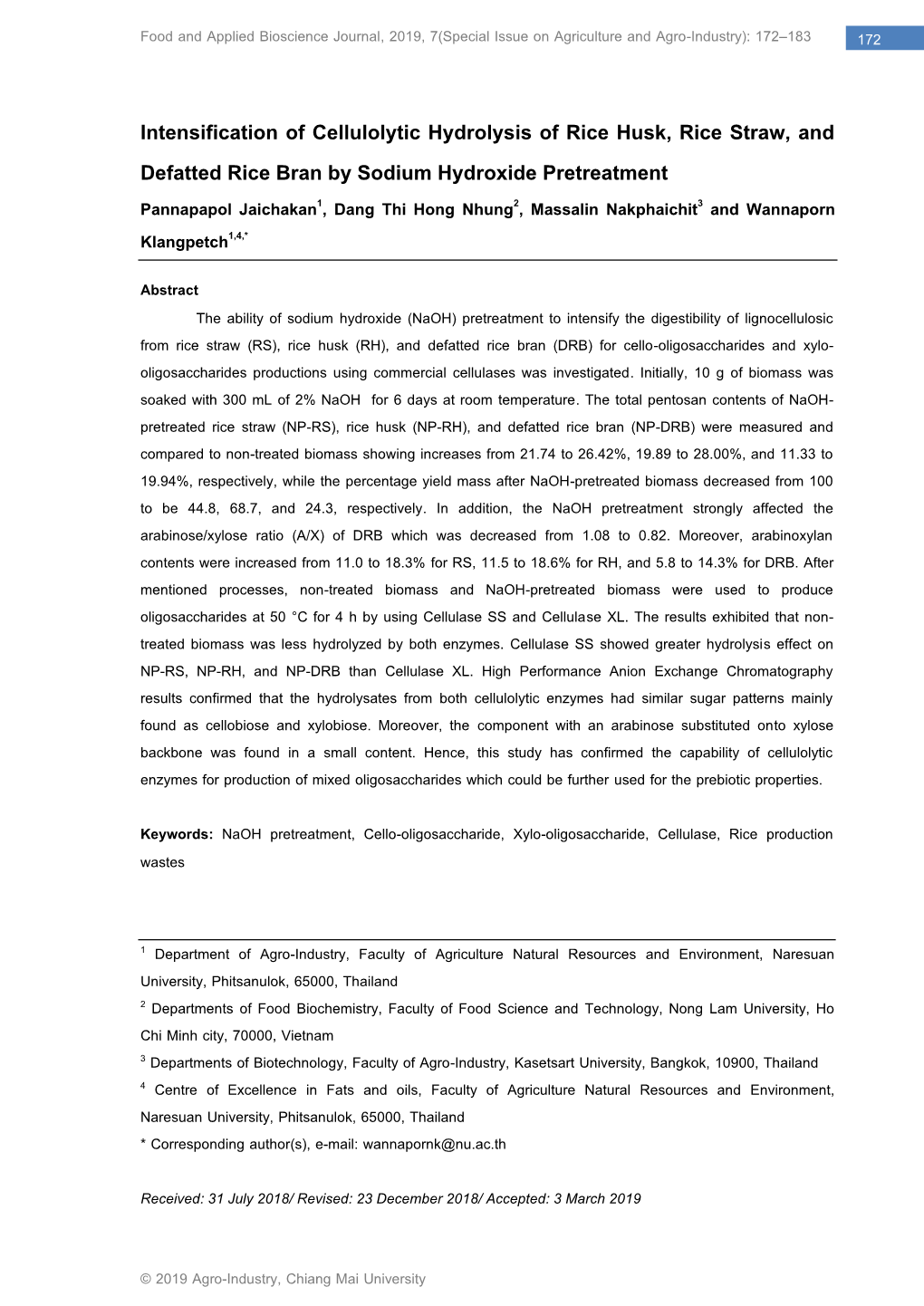 Food and Applied Bioscience Journal, 2019, 7(Special Issue on Agriculture and Agro-Industry): 172–183 172