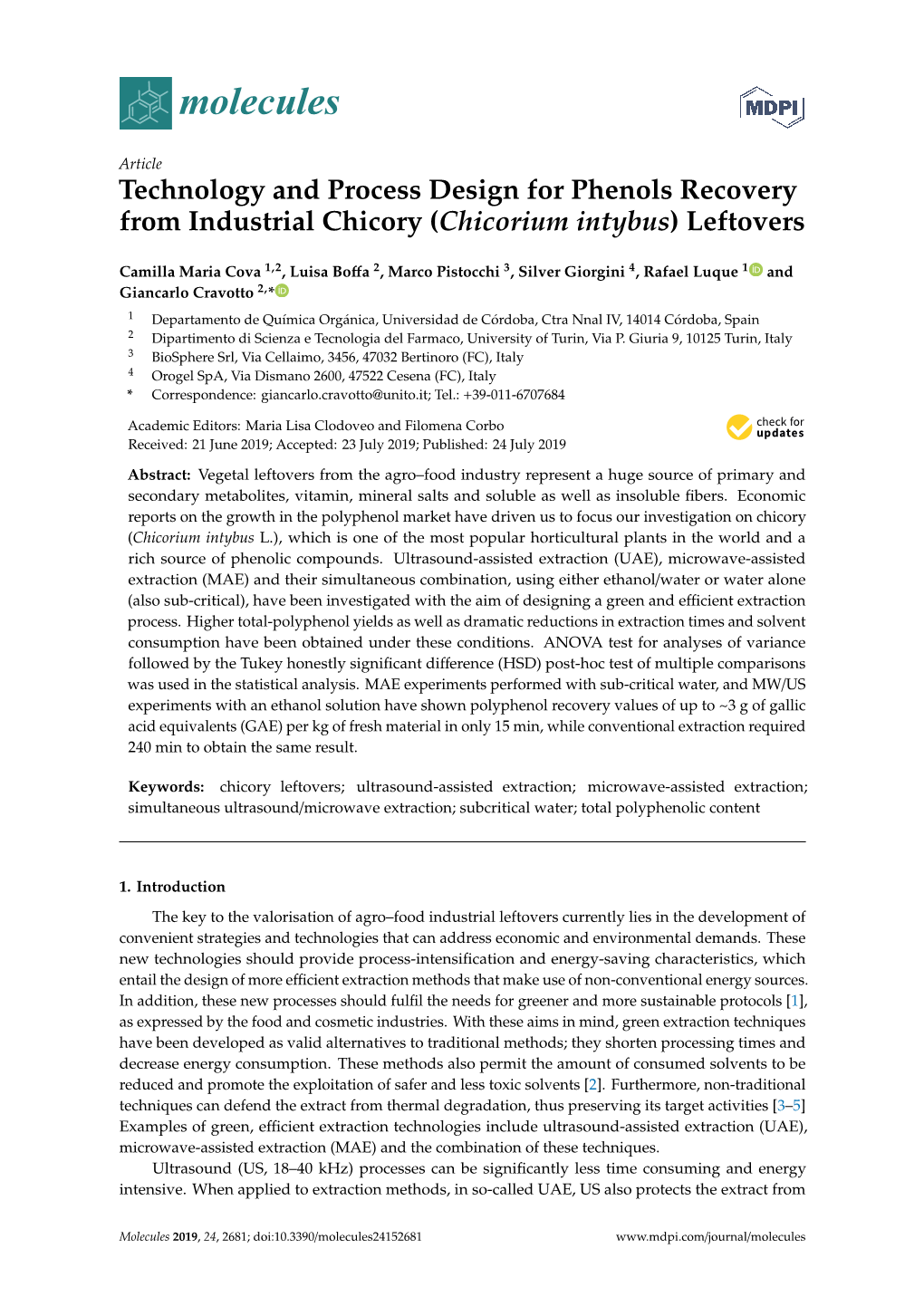 Technology and Process Design for Phenols Recovery from Industrial Chicory (Chicorium Intybus) Leftovers