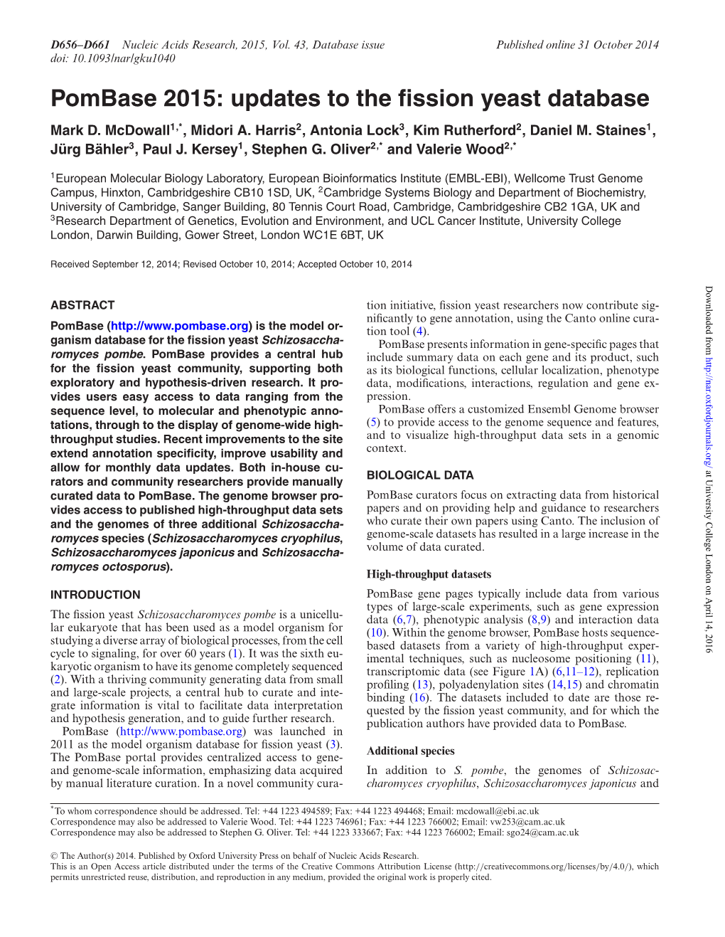 Pombase 2015: Updates to the Fission Yeast Database