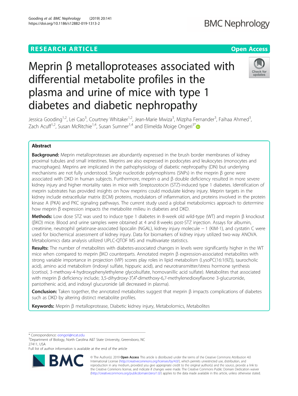 Meprin Β Metalloproteases Associated with Differential Metabolite Profiles