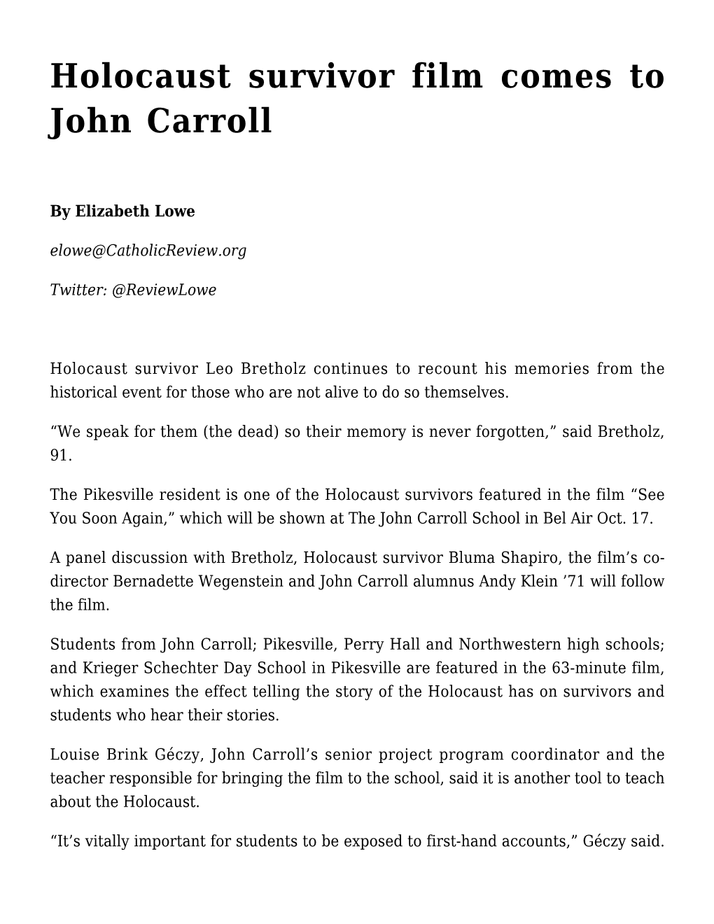 Holocaust Survivor Film Comes to John Carroll