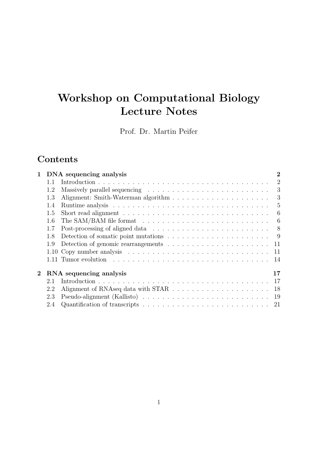 Workshop on Computational Biology Lecture Notes