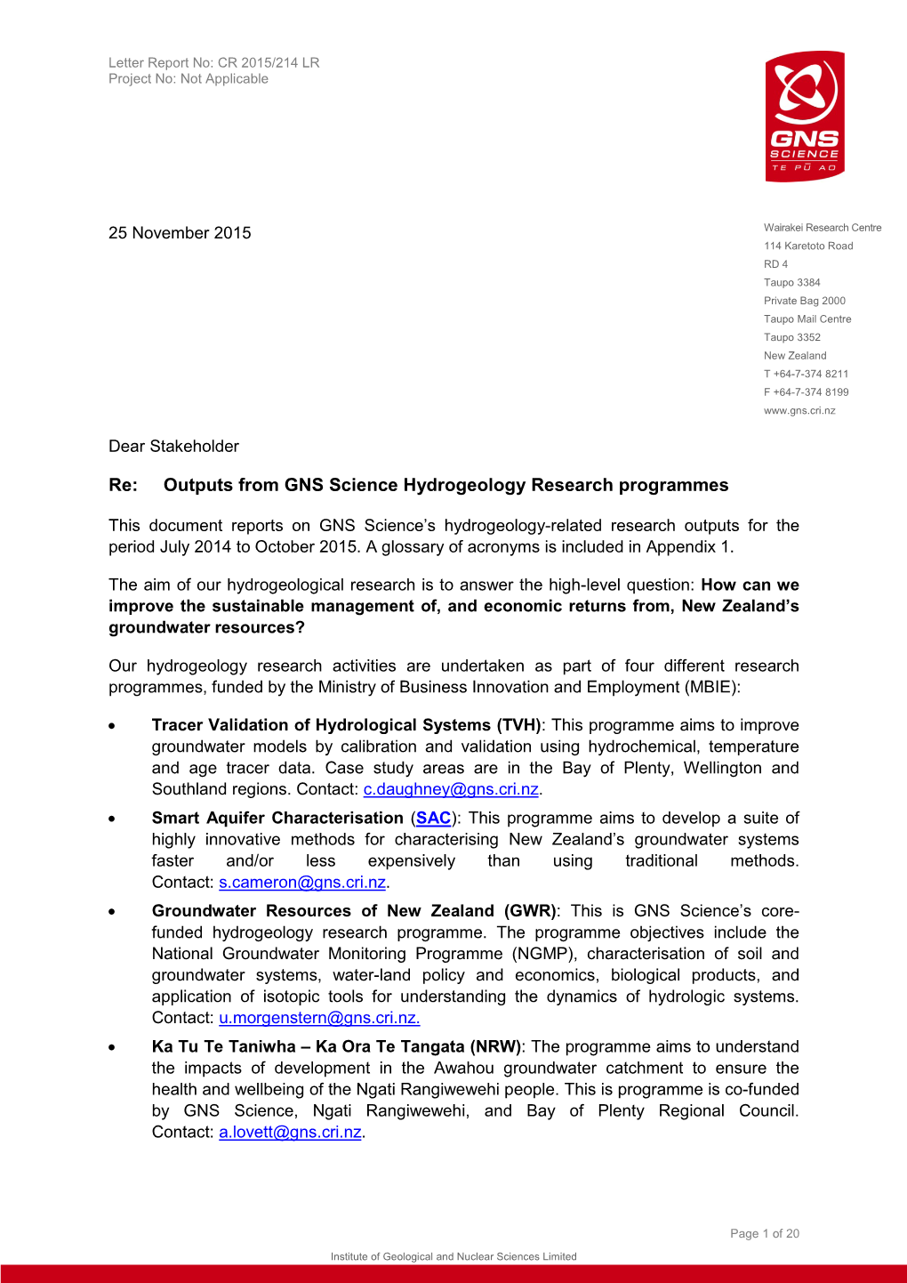 Re: Outputs from GNS Science Hydrogeology Research Programmes