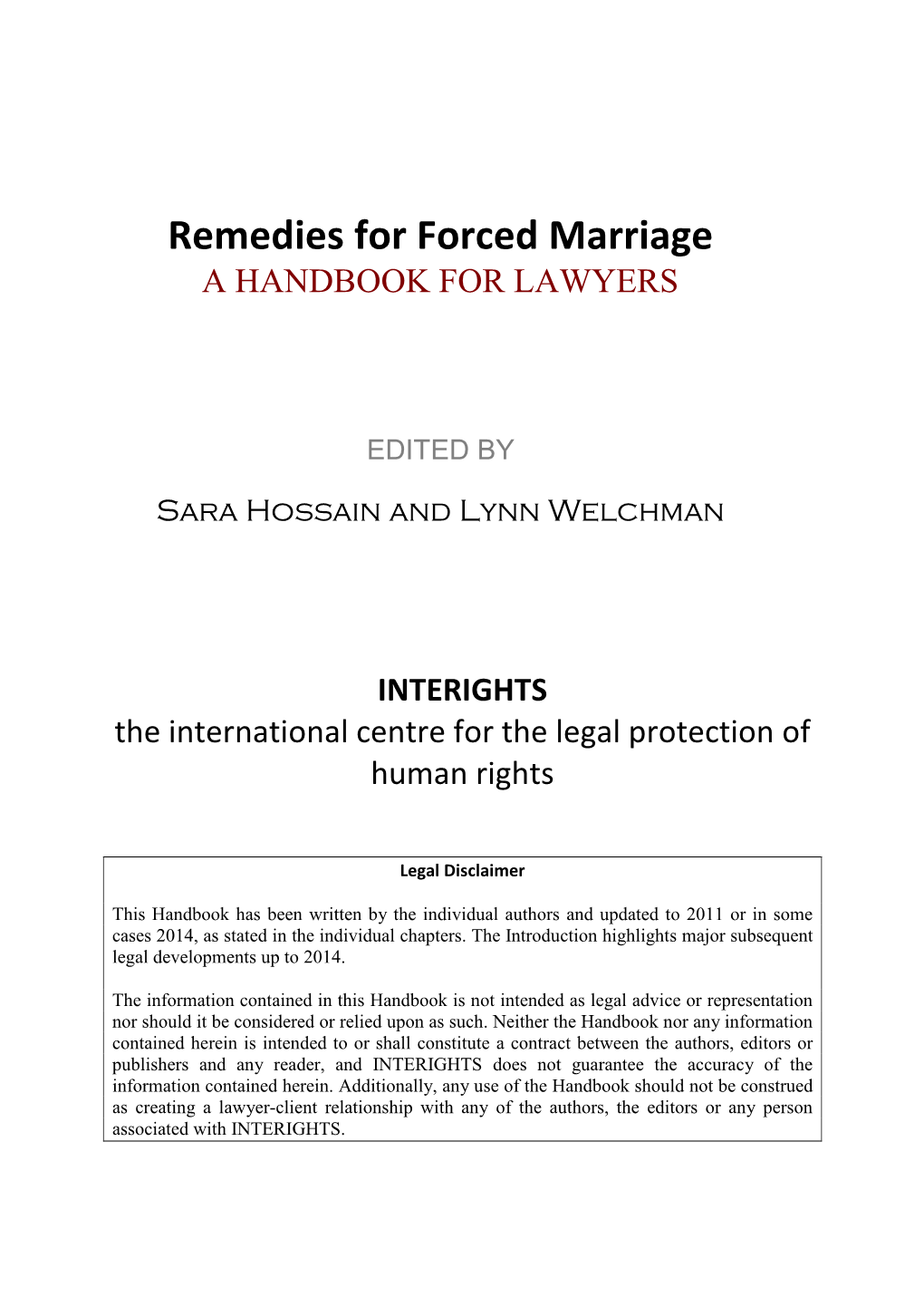 Remedies for Forced Marriage a HANDBOOK for LAWYERS