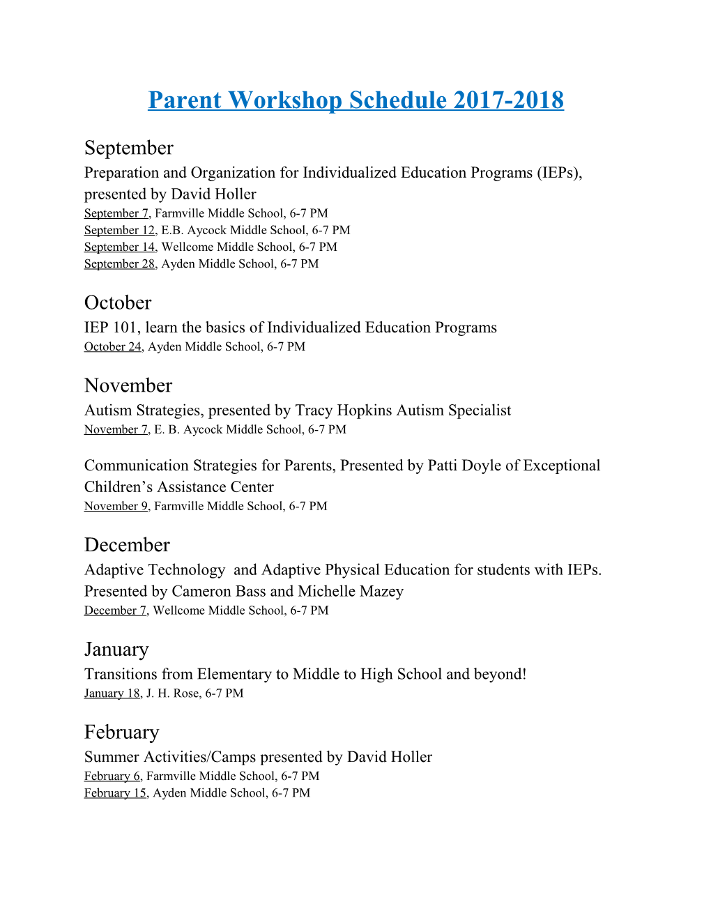 Parent Workshop Schedule 2017-2018