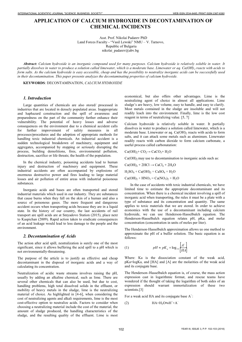 Application of Calcium Hydroxide in Decontamination of Chemical Incidents