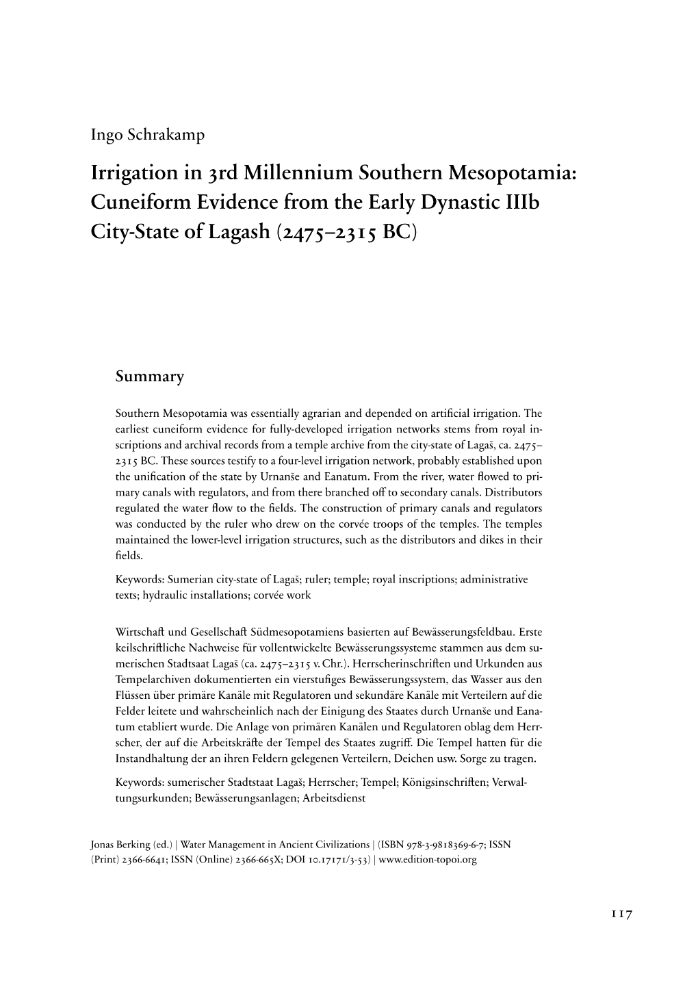 Irrigation in 3Rd Millennium Southern Mesopotamia: Cuneiform Evidence from the Early Dynastic Iiib City-State of Lagash (2475–2315 BC)