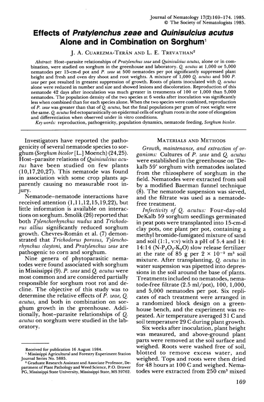 Effects of Pratylenchus Zeae and Quinisulcius Acutus Alone and In