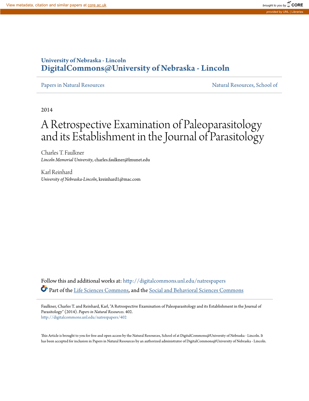 A Retrospective Examination of Paleoparasitology and Its Establishment in the Journal of Parasitology Charles T