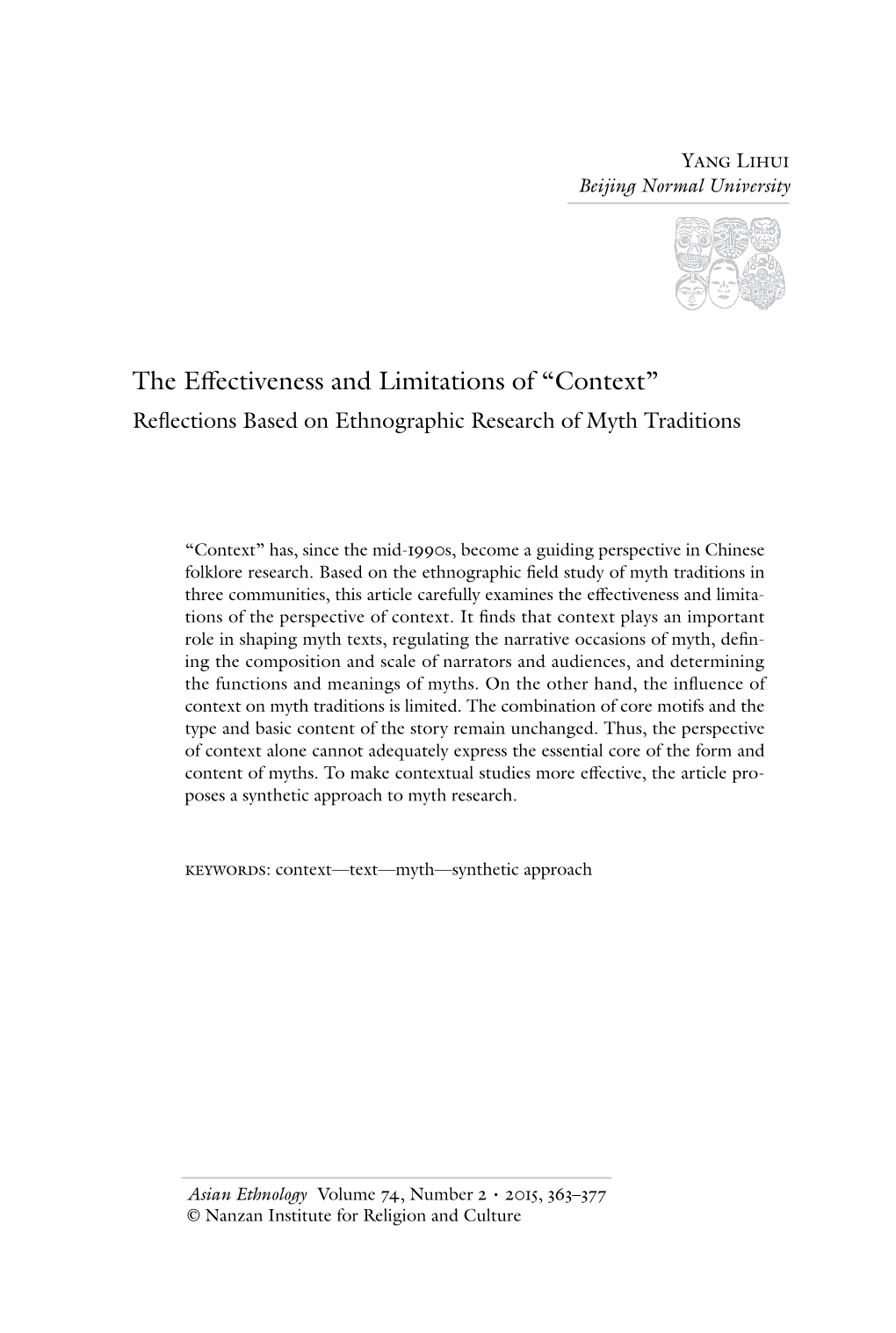 The Effectiveness and Limitations of “Context” Reflections Based on Ethnographic Research of Myth Traditions