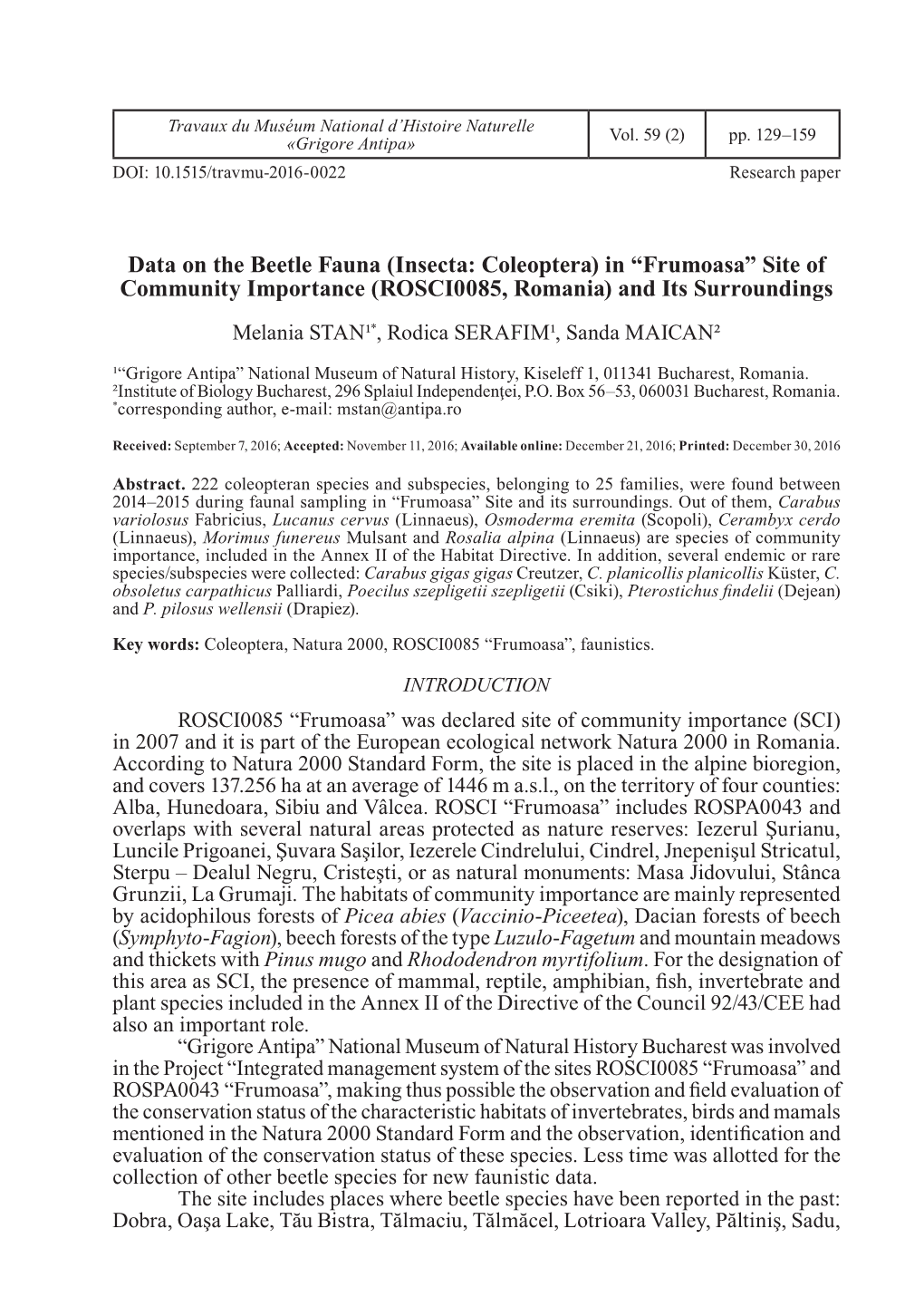 Data on the Beetle Fauna (Insecta: Coleoptera) in “Frumoasa” Site Of