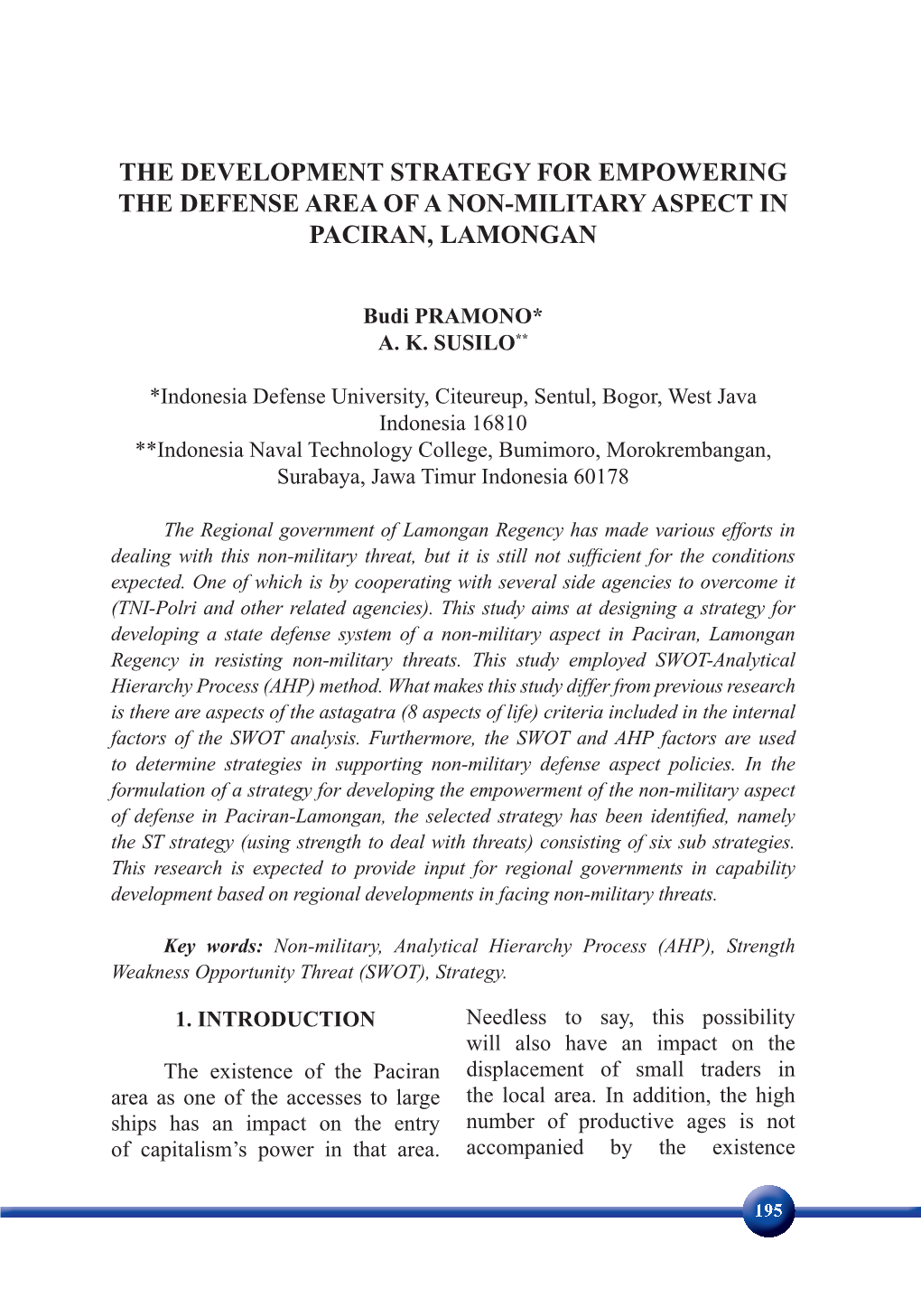 The Development Strategy for Empowering the Defense Area of a Non-Military Aspect in Paciran, Lamongan