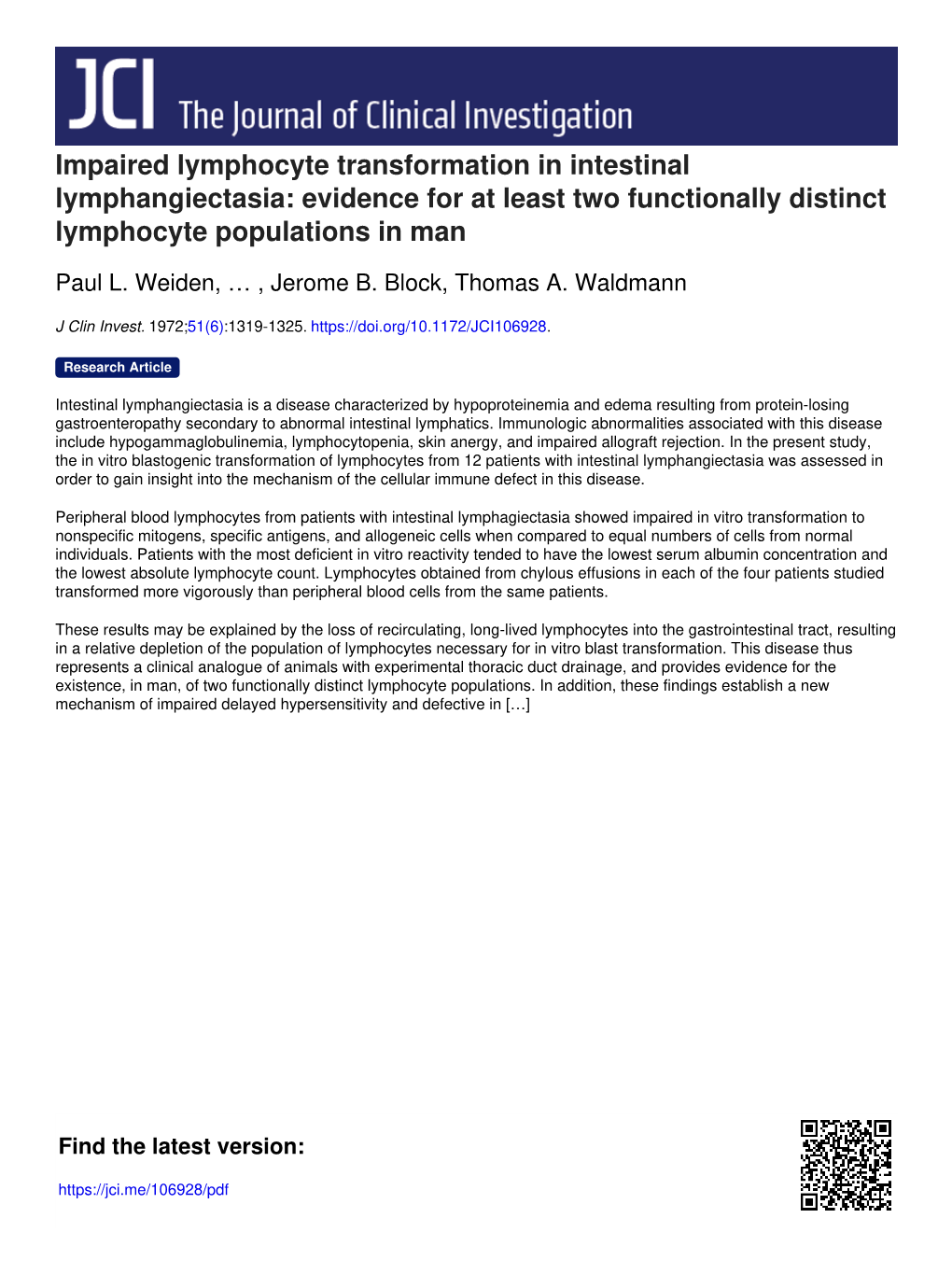 Impaired Lymphocyte Transformation in Intestinal Lymphangiectasia: Evidence for at Least Two Functionally Distinct Lymphocyte Populations in Man