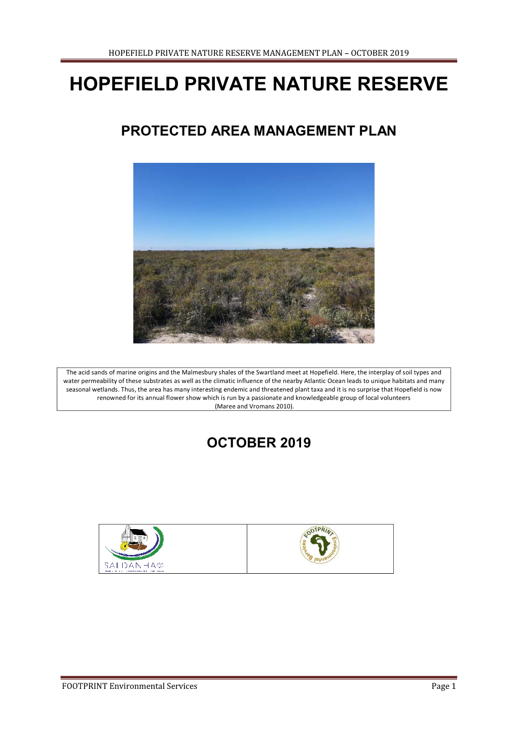 Hopefield Private Nature Reserve Protected Area Management Plan