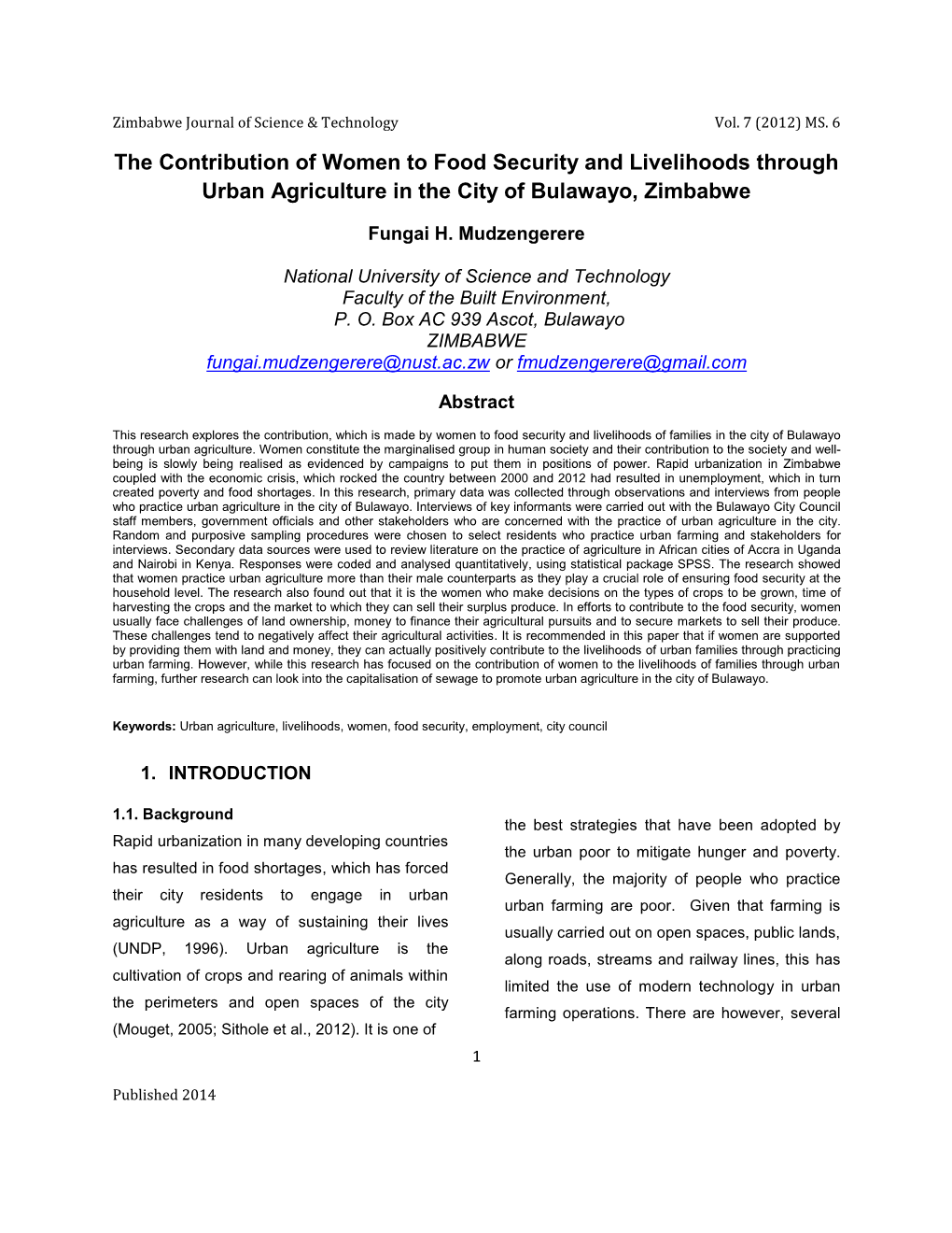 The Contribution of Women to Food Security and Livelihoods Through Urban Agriculture in the City of Bulawayo, Zimbabwe