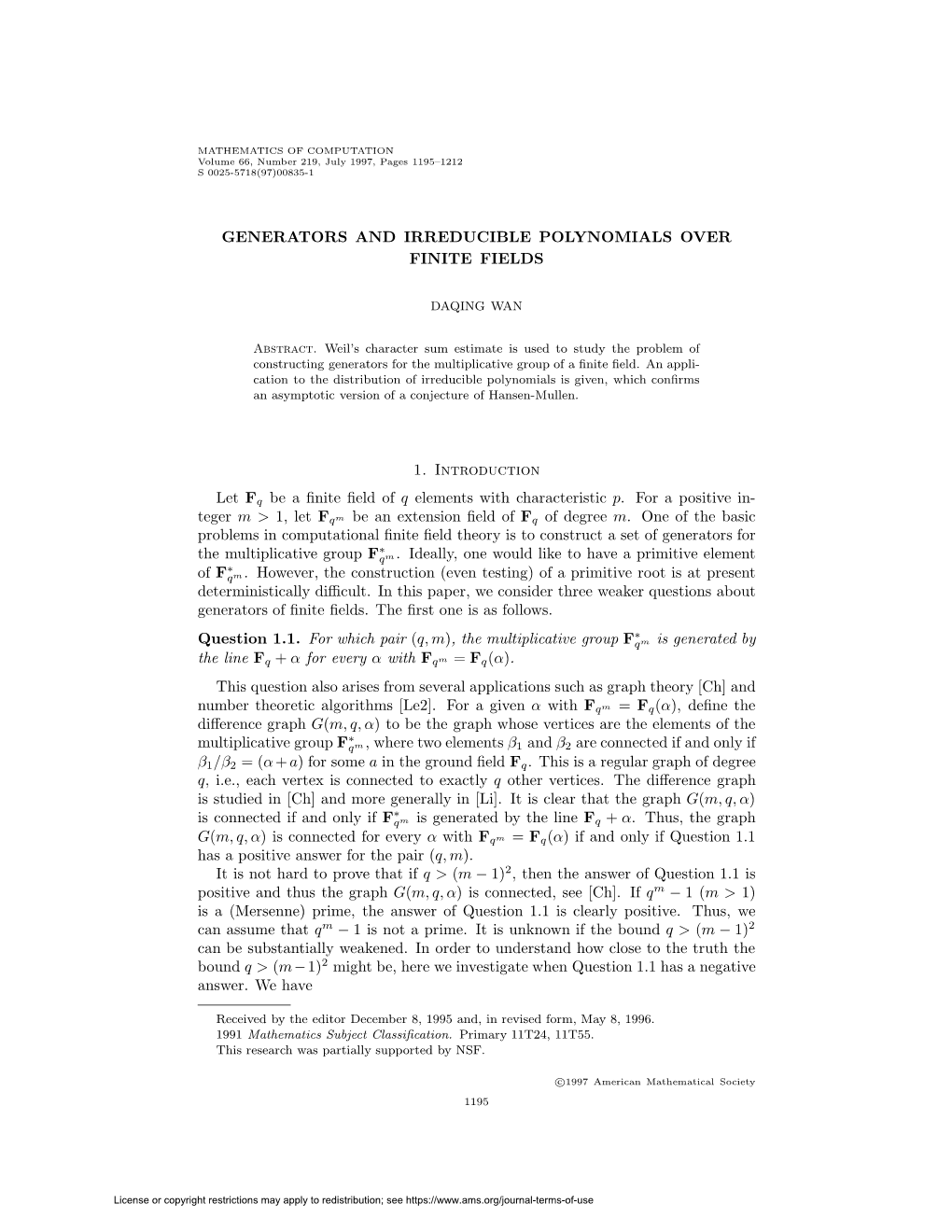 Generators and Irreducible Polynomials Over Finite Fields