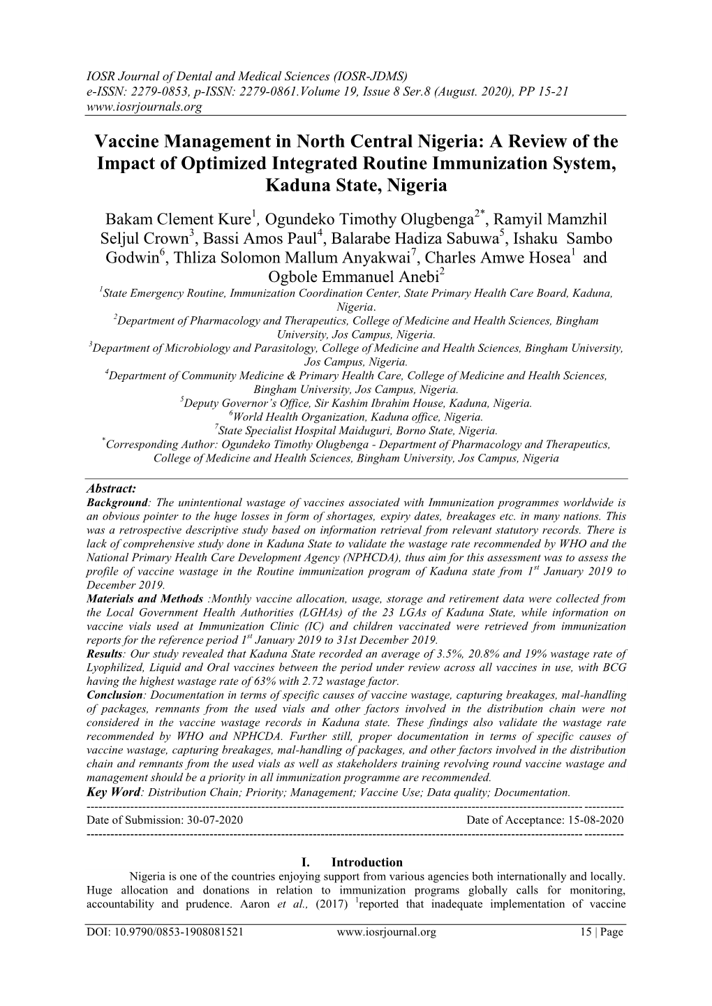 Vaccine Management in North Central Nigeria: a Review of the Impact of Optimized Integrated Routine Immunization System, Kaduna State, Nigeria