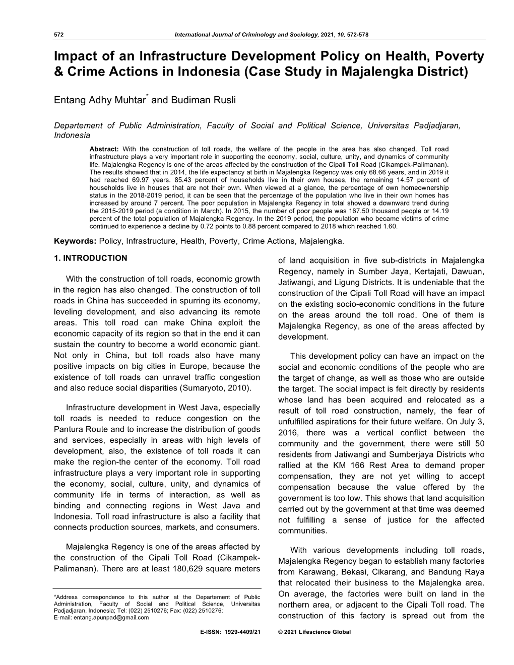 Impact of an Infrastructure Development Policy on Health, Poverty & Crime Actions in Indonesia (Case Study in Majalengka District)