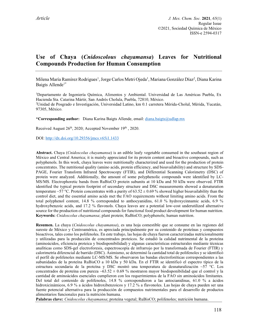 Use of Chaya (Cnidoscolous Chayamansa) Leaves for Nutritional Compounds Production for Human Consumption