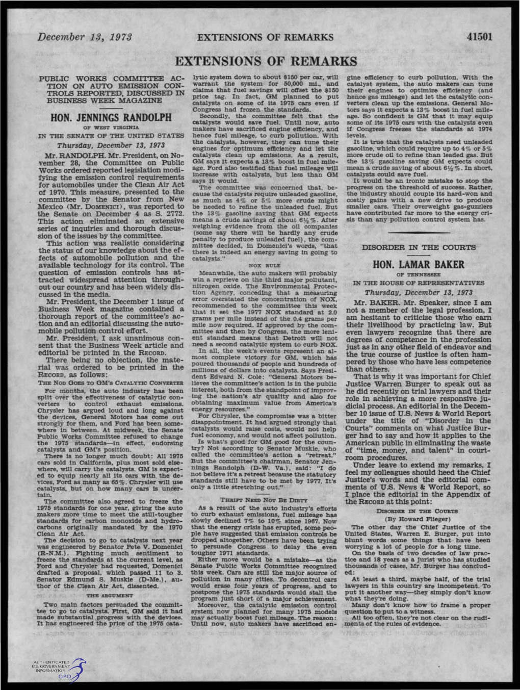 EXTENSIONS of REMARKS 41501 EXTENSIONS of REMARKS PUBLIC WORKS COMMITTEE AC­ Lytle System Down to About $150 Per Car, Will Gine Efficiency to Curb Pollution