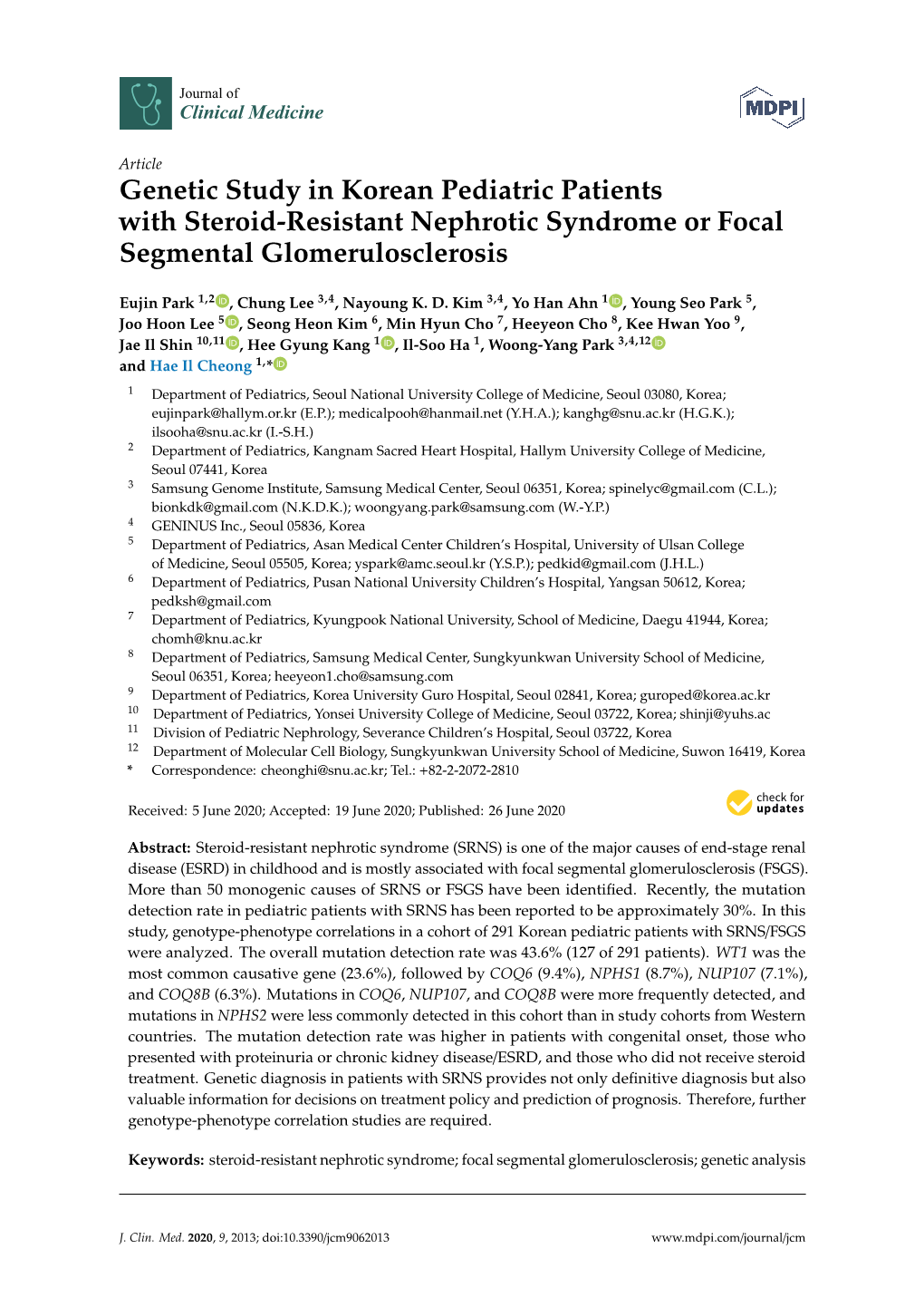 Genetic Study in Korean Pediatric Patients with Steroid-Resistant Nephrotic Syndrome Or Focal Segmental Glomerulosclerosis