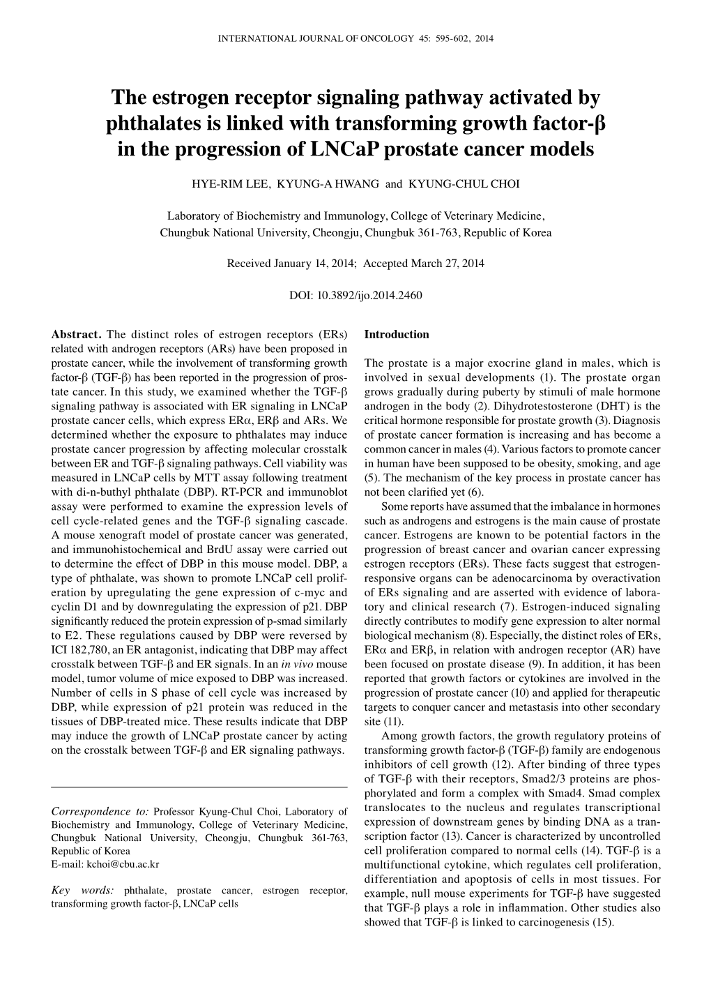 The Estrogen Receptor Signaling Pathway Activated by Phthalates Is Linked with Transforming Growth Factor-Β in the Progression of Lncap Prostate Cancer Models